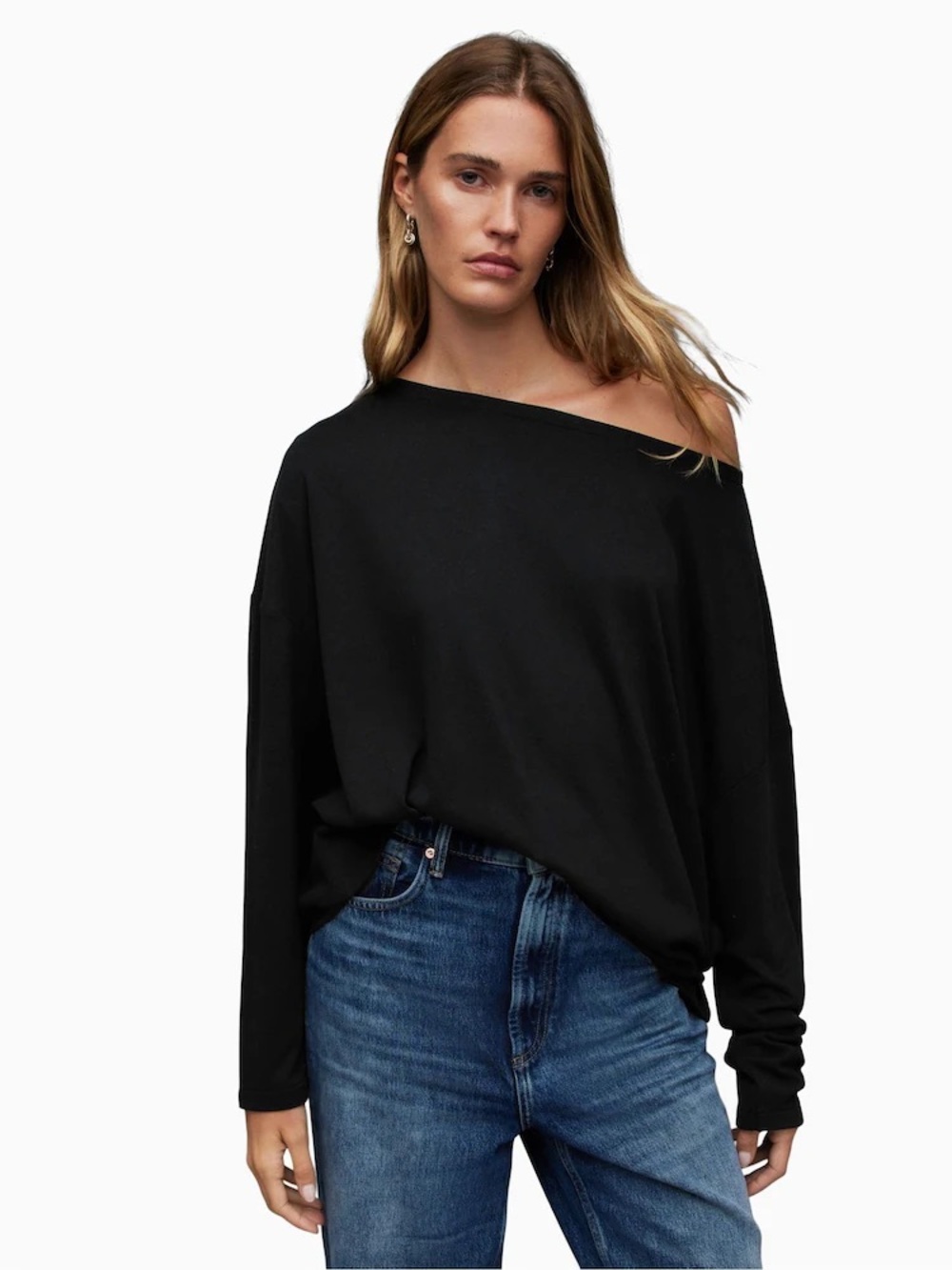 Allsaints Black Long Sleeve Rita Off the Shoulder Top